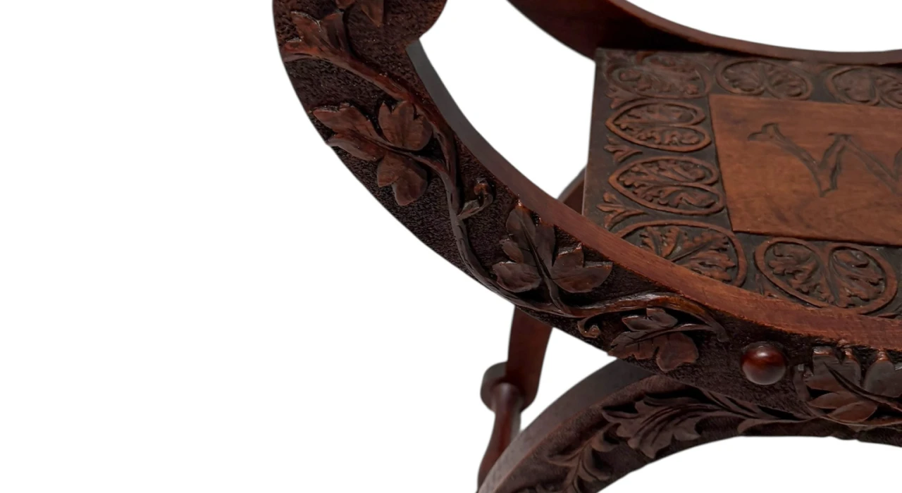 Art Nouveau Walnut Savonarola Hand-Carved Stool, 1900s